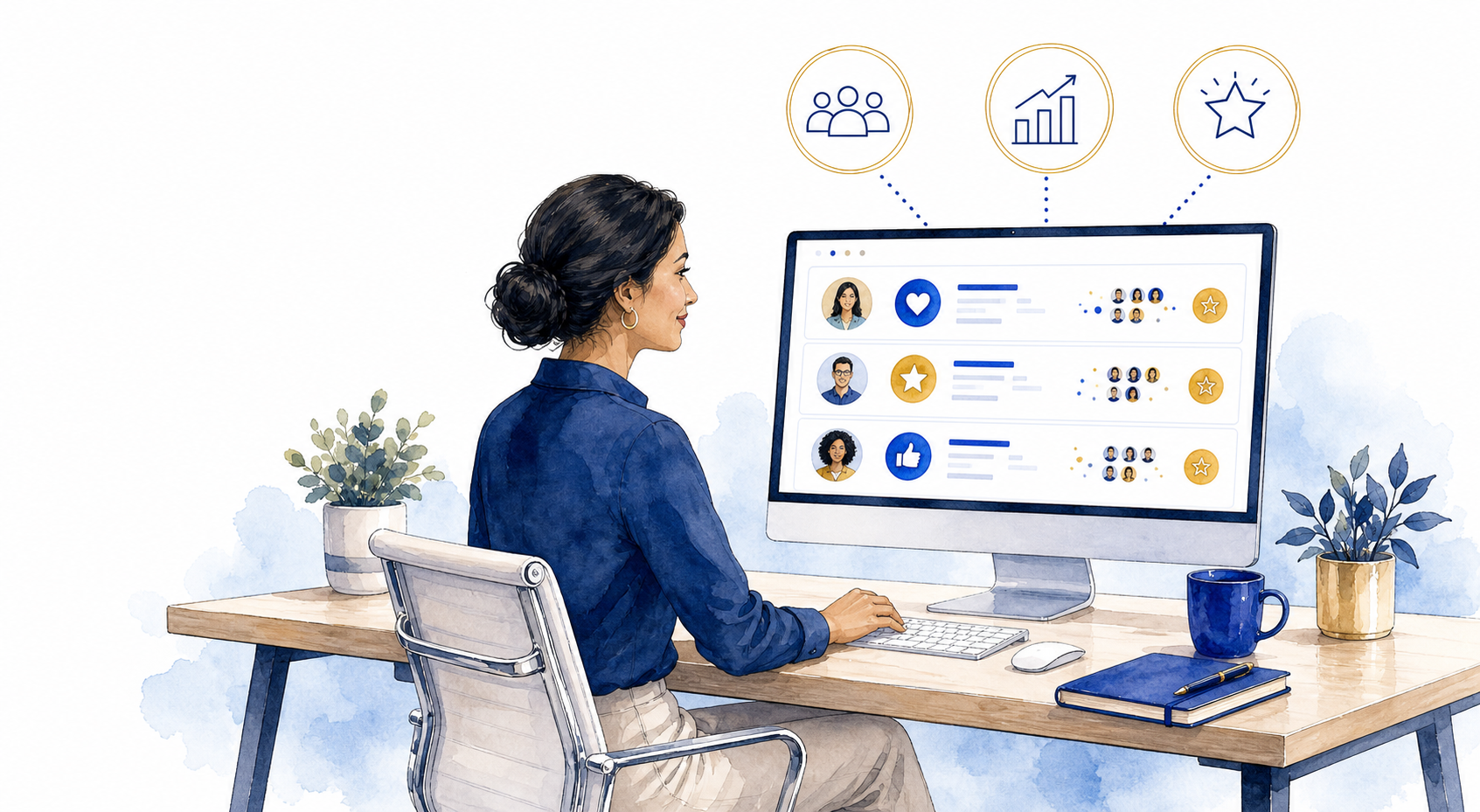 Illustration of a team leader reviewing a peer-recognition dashboard